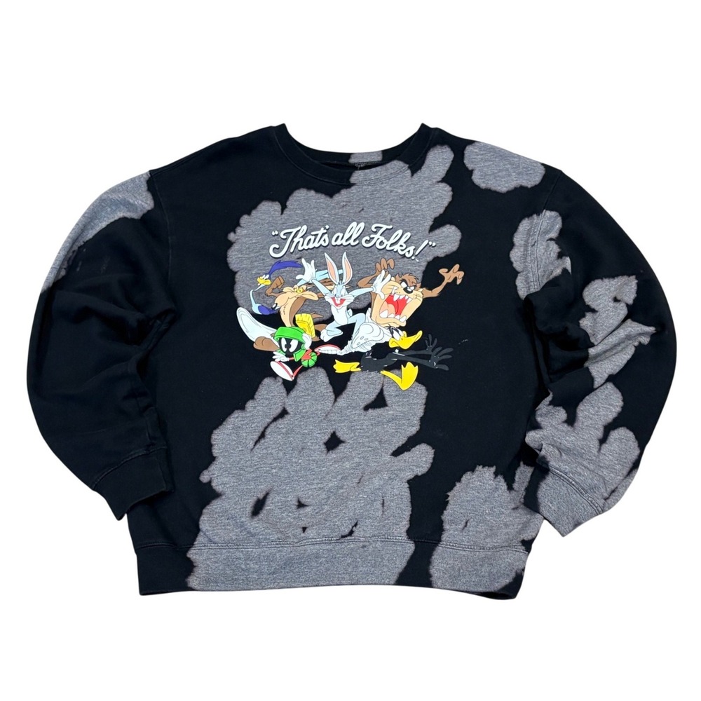 Looney Tunes Thats All Folks Sweatshirt Unisex L Bleach Wash Graphic Crewneck